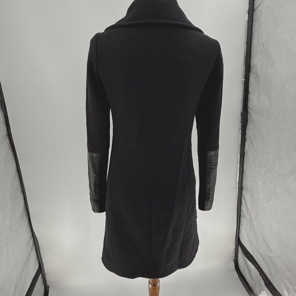 Club Monaco Womens Italian Wool Coat XS Black Leather Sleeve Detail - Picture 2 of 11
